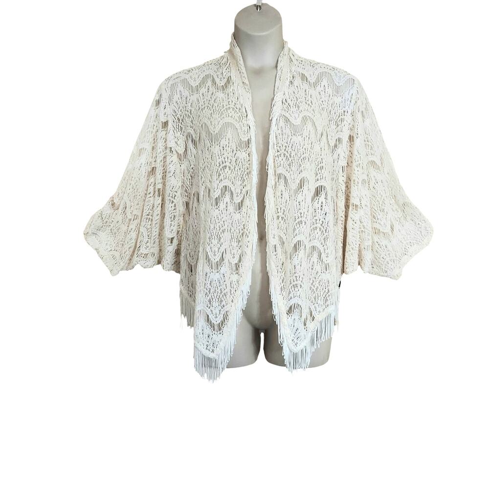 Designers Closet by Billa Bong Ivory Lace Fringed Open Front Cape Style Cardigan